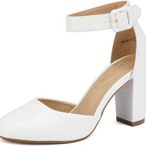 Women's High Heel Ankle Strap Pumps Leather 3.3-Inch Chunky Wedding Shoes